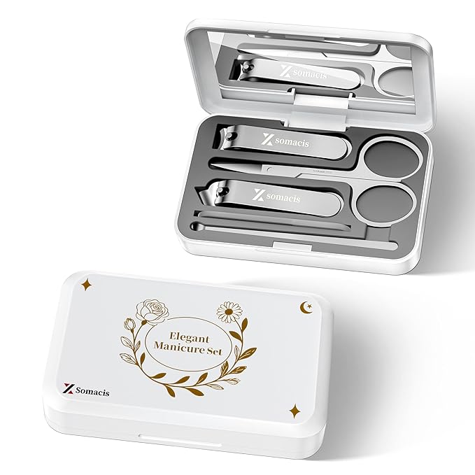 Nail Clippers Set Fingernail and Toenail Clipper Cutters, Manicure Pedicure Kit Grooming Kits, 5pcs Core Nail Care Tools with Portable Travel Case with Mirror Present for Man Woman