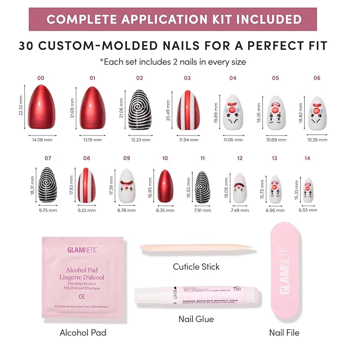 Glamnetic Press On Nails - Crybaby Clown | Short Almond 3D Fake Nails with Clown & Swirl Designs in a Chrome Finish, Salon Quality Halloween Nails | 15 Sizes - 30 Nail Kit with Glue