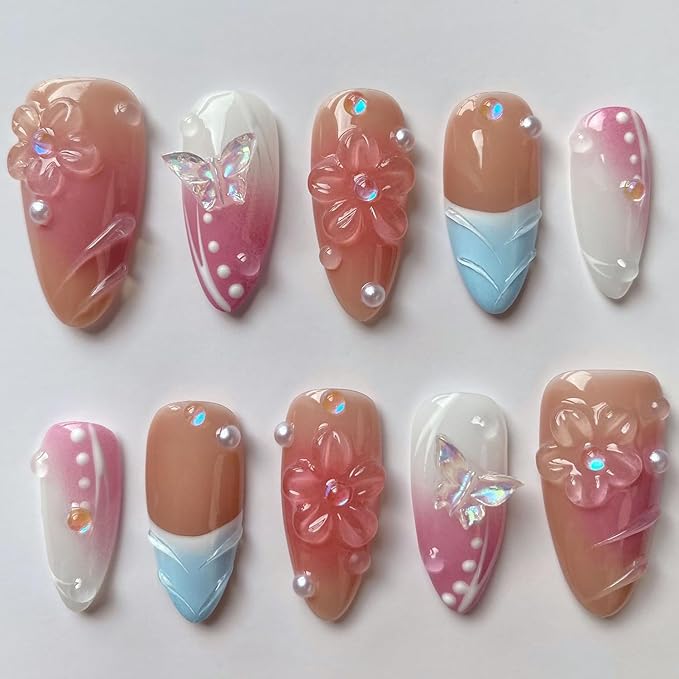 French Press on Nails Handmade Almond Nails with Glue,Nude Medium Fake Nails with 5D Flower Art ＆ Pearl Design Muti-Layer Gel Handmade Nail Acrylic Nature False Nails for Wome (Size M)