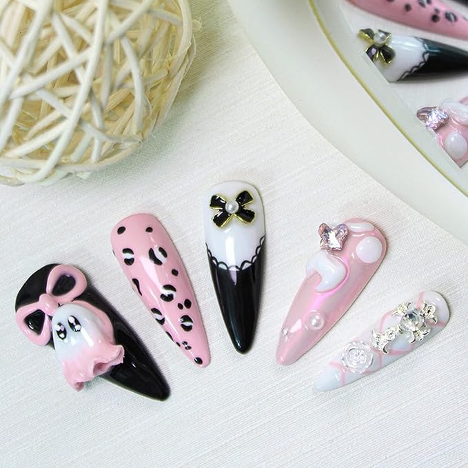 Handmade Press on Nails 3D Bow Pearl Art Desigen False Nails Reusable ABS Material Fake Nail Halloween Cartoon Little Ghost & Pumpkin Designs Cute Halloween Thicked Stick on Nails for Women (M)