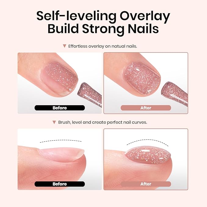 Beetles Rubber Base Color Gel Nail Polish, 6 Colors 5 IN 1 Nude Rubber Base Gel Neutral Sheer Pink Peach Glitter Nail Polish for Thin Nails Soak Off U V LED Lamp Cure Nail Art Design Gifs for Women