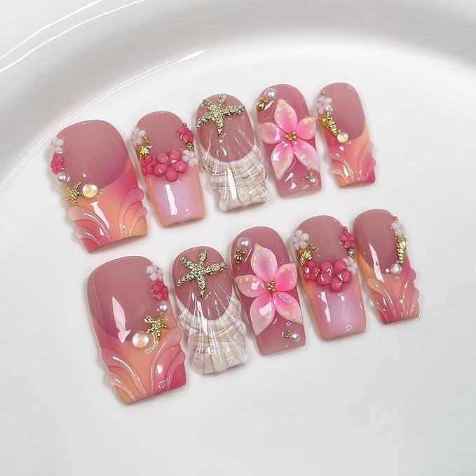Handmade Press on Nails Medium Coffin Fake Nails Gradient French False Nails 3D Flower Artificial Acrylic Thick Stick on Nails Handmade for Women Manicure Art Decorations (Size M)