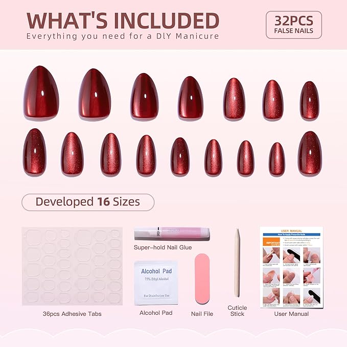 Gel Press On Nails - Almond Short Fake Nails with Glue, 16 Sizes - 32Pcs Reusable Soft Gel False Nails Tips Kit, Deep Red