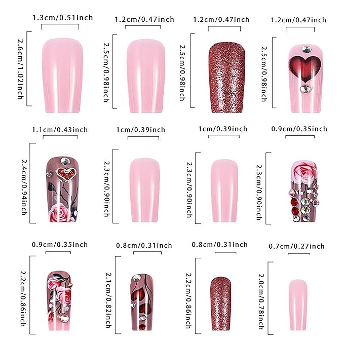 Coffin Press on Nails Medium Length Fake Nails Glitter Nails Press Ons Valentines Day Acrylic Nails With Cute Heart and Flower Design Glue on Nails Square Full Cover Artificial Nails for Women 24Pcs