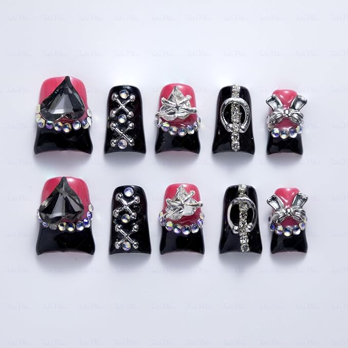 10 Pieces Luxury Acrylic Press On Nails Short Handmade Duck Nails, Black Thickened False French Nails, Punk-style Metal Accessories And Black Hearts, Reusable Acrylic Nails (S)