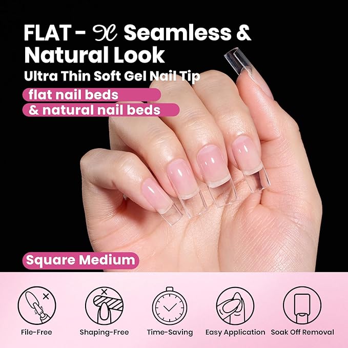 Beetles Flat-X Gel Nail Tips - Medium Square Press-On Nails 16 Sizes 160 pcs | Pre-Etched Half-Matte Full-Cover Soft Gel Tips Fake Nail for Flat & Natural Nail Beds - Easy DIY Salon
