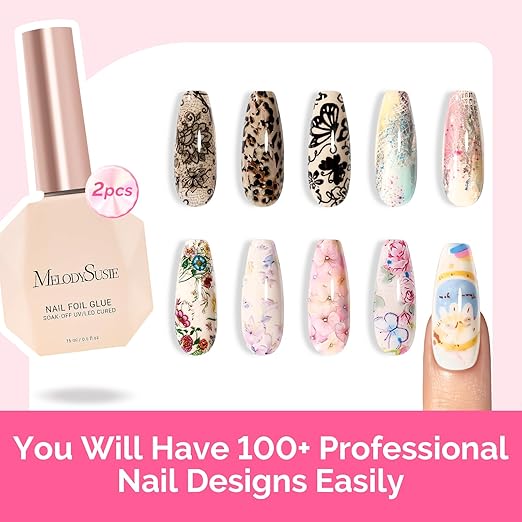 MelodySusie 2PCS Nail Foil Glue Gel and 2PCS Stamping Plates, 15ML Soak Off LED/LUV Foil Transfer Adhesive for Nail Art, Professional Strong Sticky Base for Nail Foils & Stickers
