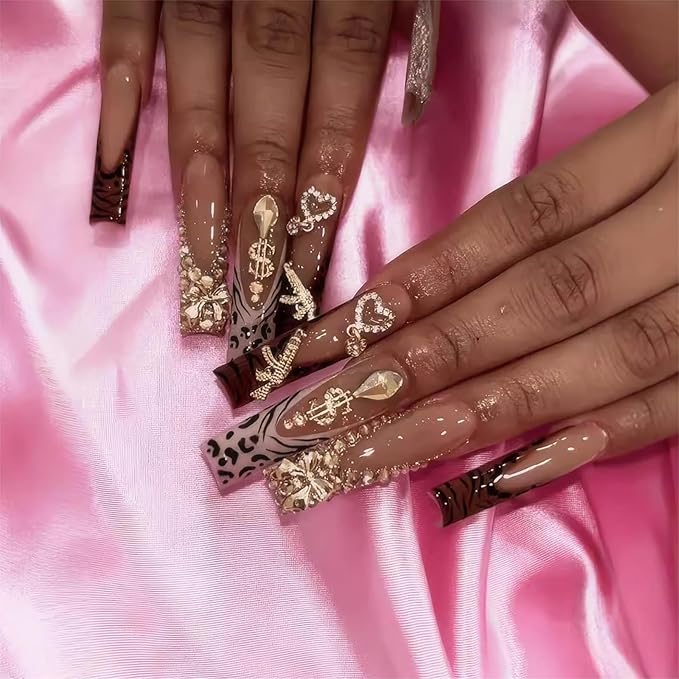RTKHFZE Xl Press on Nails Long Square Fake Nails French Tip Glue on Nail with Designs Nails Charm and Rhinestones False Acrylic Nails Full Cover Stick on Nail for Women Nail Decorations