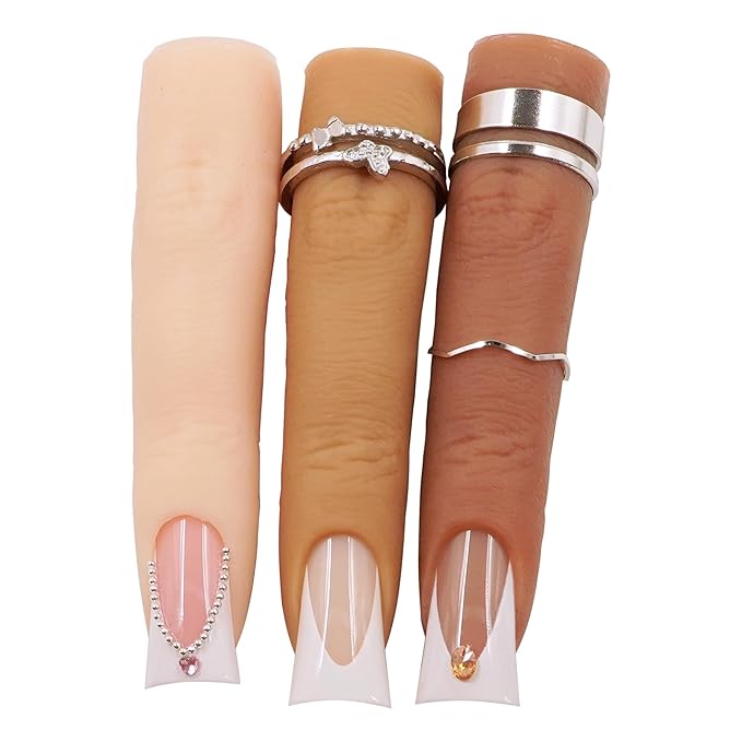 Silicon Fake Fingers Nail Art Practice Set–3 Skin Tones Reusable Practice Fingers for Acrylic Nails & Color Display, Flexible Wire Core Training Model Technician Supplies Salon Accessories