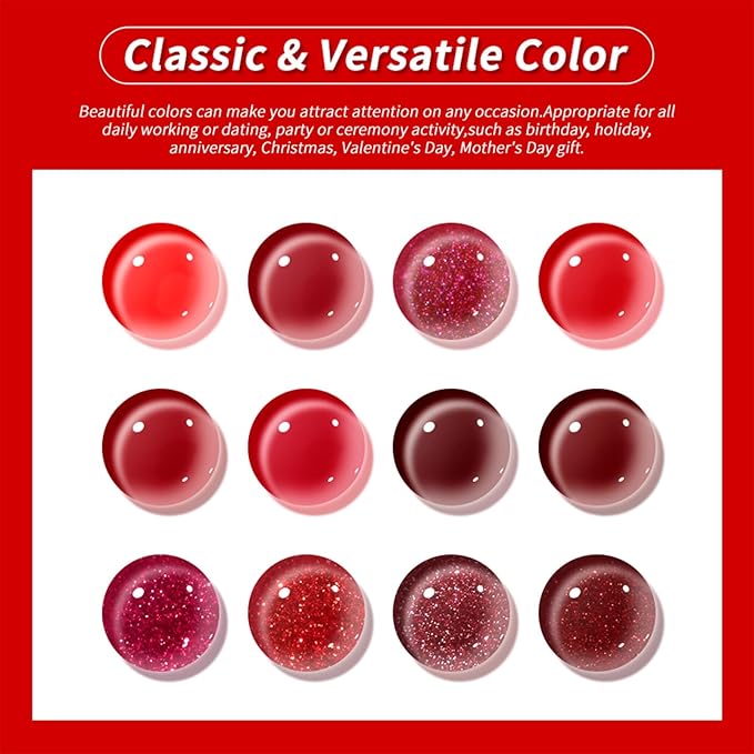 JR 12pcs 12ml Deep Red Gel Polish Set Includes Cat Eye Nail Polish Gel Glitter Pearl Gel Nail Polish Kit Salon-Quality Long-Lasting, Chip-Resistant Gel Polish Set for Nail Salon DIY&Professionals