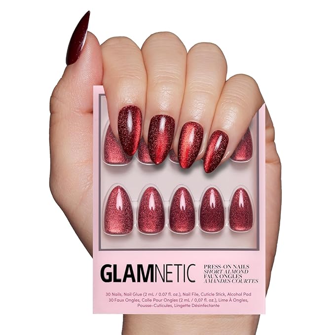 Glamnetic Press On Nails - Ruby Slipper Fake Nails | Deep Red Sparkly Short Almond Fake Nails with a Velvet Finish, Salon Quality | 15 Sizes - 30 Nail Kit with Glue