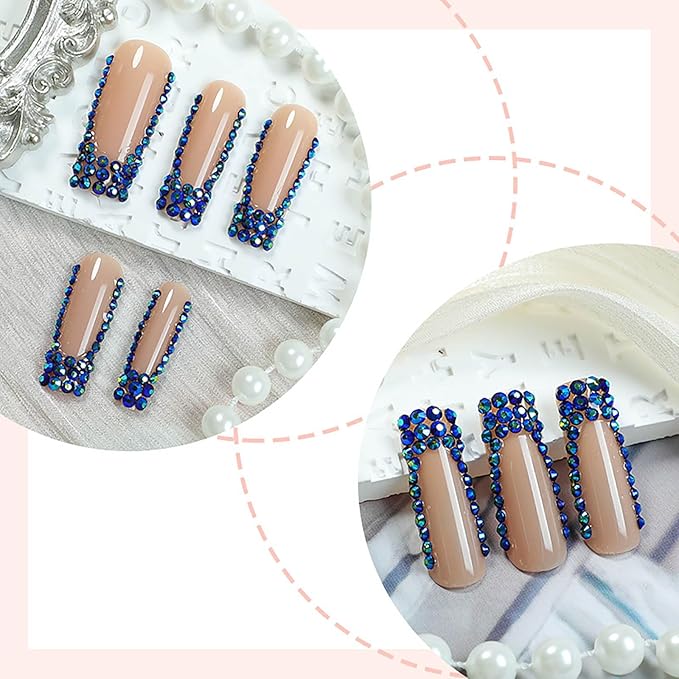 24Pcs Press on Nails Long Square Blue French Tip Fake Nails Rhinestones Full Cover Nails Press ons Glue on Nails with Designs Acrylic Nails Glossy Artificial Nails for Women Manicure