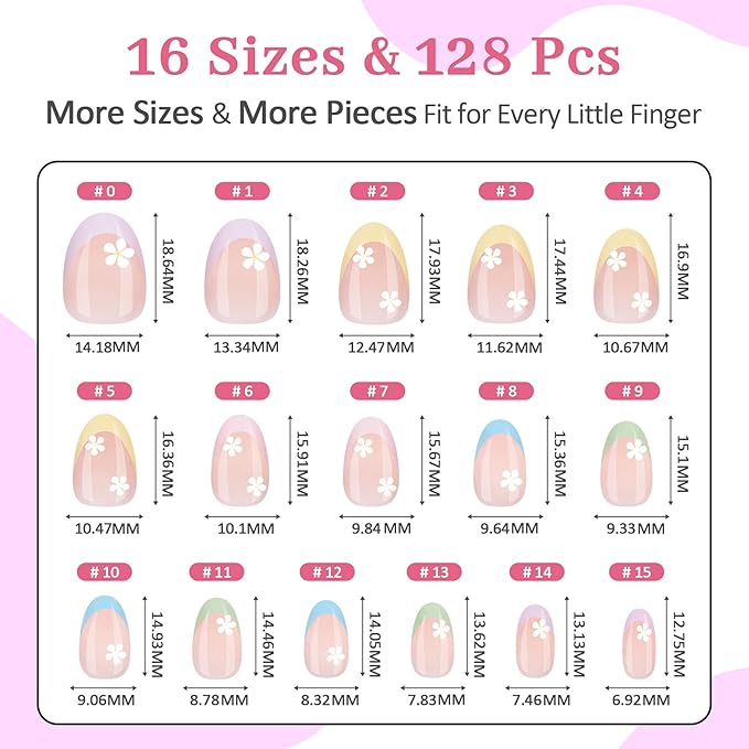 16 Sizes 128 Pieces Press on Nails for Kids, 4 pack Kids Nail Kit Colorful Flower Almond Fake Nail Tips for Girls 8-12 Years Old with Jelly Nail Adhesives & Nail Glue Birthday Easter Gifts