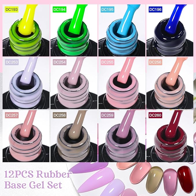 MTSSII Rubber Base Gel Set, Soak Off U V LED Hema Free Clear Sheer Nude Pink Neutral Gel Nail Polish Blue Green Strengthen/Apex Building/Enhance/Reinforced Builder Gel 12 PCS