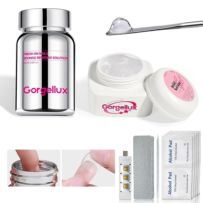 20g Solid Nail Glue Gel with 60 ML Nail Glue Remover for Press On Nails Kit, MINI UV lamp, Nails Tools, Long-Lasting Strong Adhesion, for Nail Art DIY