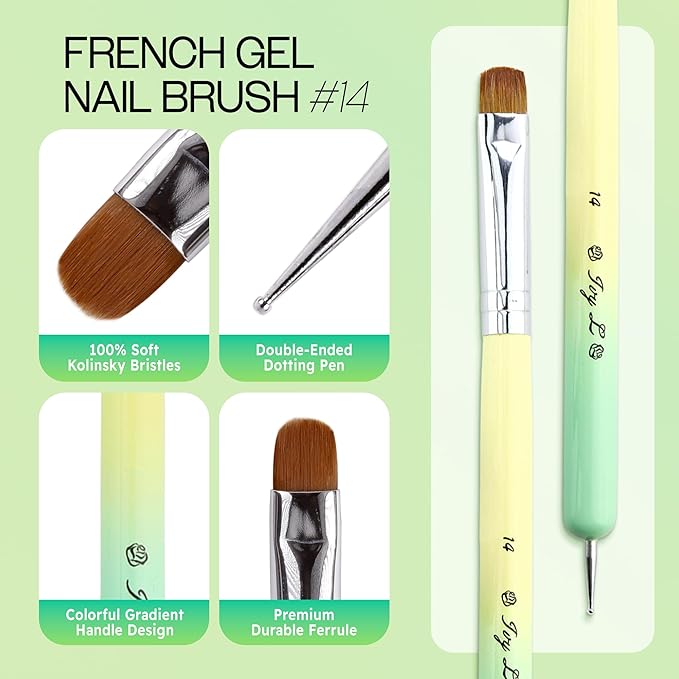 Ivy-L Premium 2 Ways French Gel Acrylic Nail Art Kolinsky Brush with Dotting Tool for Professional Manicure Nail Art Design Cuticle Clean-up + Lime Green Wood Handle (Size 14)