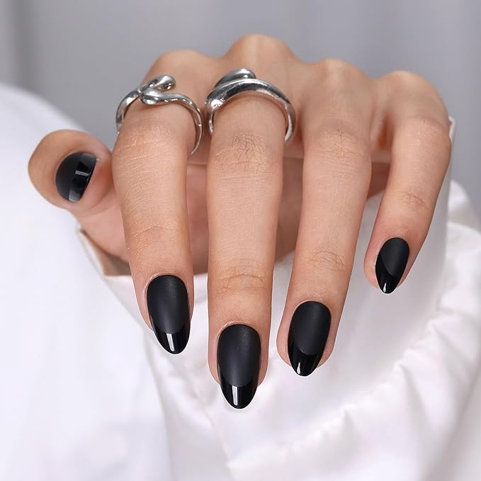 Soft Gel Black Press on Nails Almond - SHANGMENG Short Nails with Glossy French Tips in a Matte Finish, Stick on Nails with Glue in 16 Sizes - 32 Reusable Fake Nails for Women, Matte Black