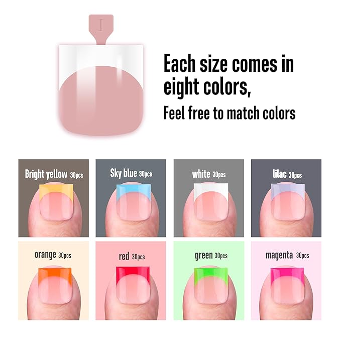 NOVO OVO French Tip Toe Nail Tips press on 8 MIXED COLOR, Sharp Square Toe Nail Tips BABY PINK Toenail Extension, Need Builder Gel Top Coat, no Glue, Full Cover Acrylic for DIY x 15 Sizes 240 pcs