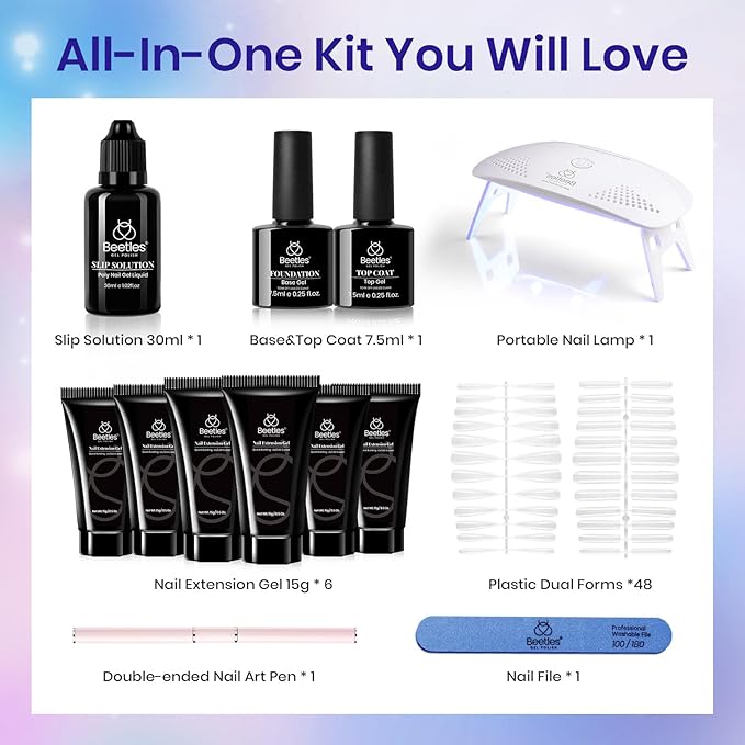 Beetles Poly Extension Gel Nail Kit 6 Colors Glitter Mermaid Glow Builder Nail Gel Kit with Slip Solution All-in-One Spring Summer Nail Art Supplies DIY Manicure Salon Gift for Women Girls
