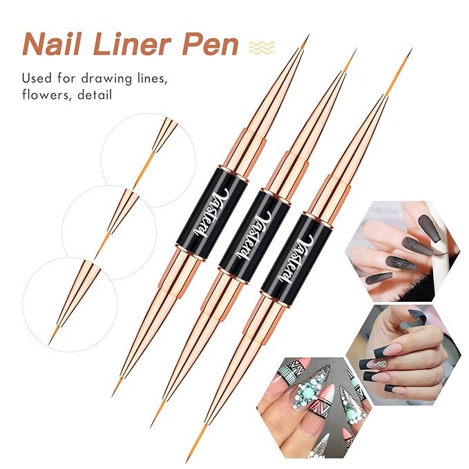 Yasterd Nail Art Brush Set Professional- 5pcs Double-Ended Nail Art Brushes for Long Lines, Thin Liner brush for Nails Detail, Nail Design Brush Ombre Brush 3D Brush Kits for Gel Polish Acrylic Nail Drawing