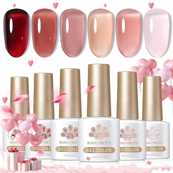 Born Pretty Jelly Nude Pink Gel Nail Polish Red Burgundy Blood Wine Red Valentine's Day Gel Polish Sheer Transparent Gel Polish Kit Wild Rose for Salon Manicure and Nail Art DIY at Home 6Colors
