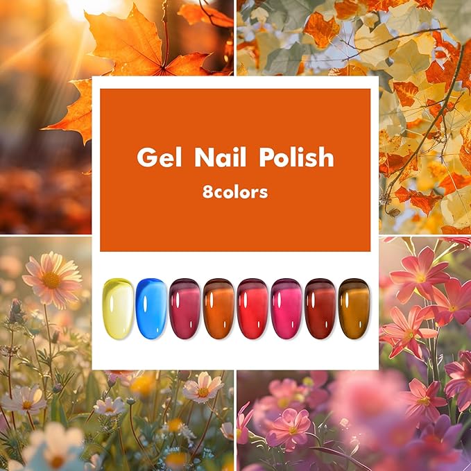 MTSSII Jelly Gel Nail Polish of 8 Transparent Burgundy Wine Red Gel Polish Set Crystal Hot Pink Brown Amber Nail Polish Kit Nail Art Varnish Manicure Collection Gift
