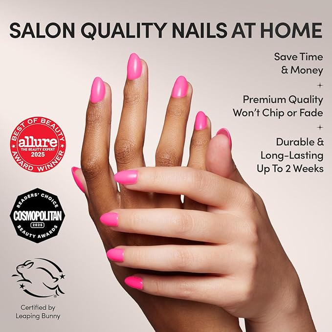 Glamnetic Press On Nails - Hot Pink Fake Nails | Opaque Bright Neon Pink Short Oval Fake Nails, Salon Quality | 15 Sizes - 30 Nail Kit with Glue