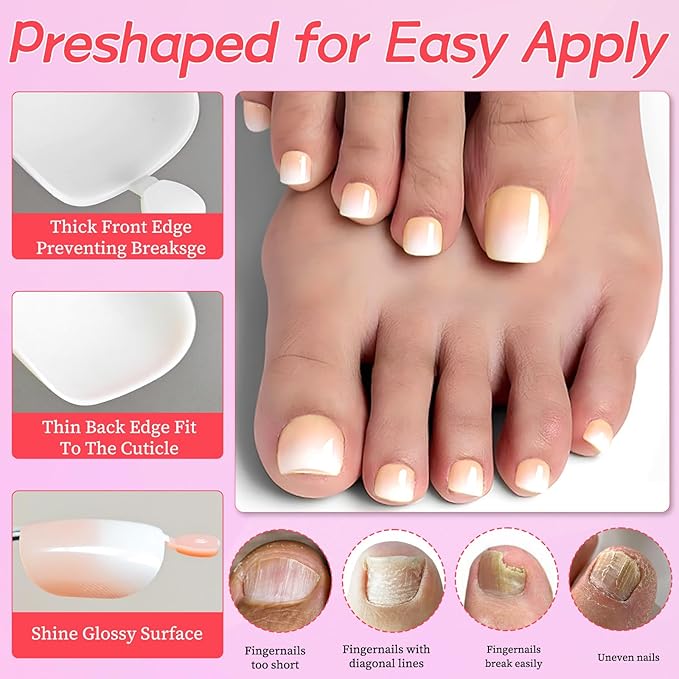 120PC Ombre Press on Toenails for Women Fake Toe nail Press ons Acrylic Toe Press on Nails Set, Ombre Press on Toe Nails Press on Fake Toenails Press ons Acrylic Toe Nail Tips Kit&Glue Tab-C