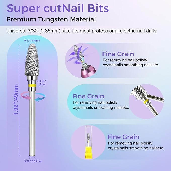Fantexy 3/32" Carbide Nail Drill Bit - Remove Acrylic Hard Gels Quickly and Safely,Professional Cone Tungsten Drill Bits Set Nail File Acrylic for Manicure,Pedicure,Cuticle Cleaner (Extra Fine - XF)