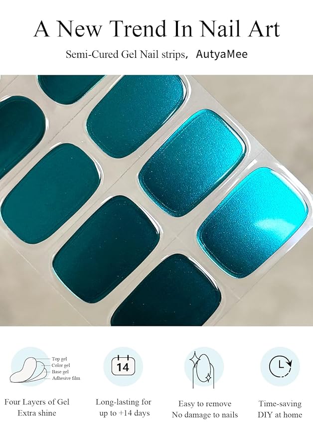 Semi Cured Gel Nail Strips (Mirror Lake Blue), 20 Pcs Chrome Gel Nail Wraps, Stickers, Salon Quality, Works with Any UV Lamps