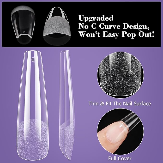 Clear Coffin Nail Tips, Gel Nail Tips for Acrylic Nails Professional，240PCS XL Nail Tips Half Matte Full Cover Ballerina Press on Nail Tips, Slightly C Curve French Nail Tips Use for Nail Extension