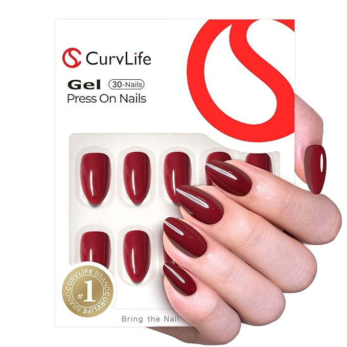 CurvLife Press On Nails – 30Pcs Soft Gel Almond Fake Nails, Reusable Glue On Nail Kit with Adhesive Tabs, Natural Fit & Salon-Quality for Women & Girls (Deep Rouge)