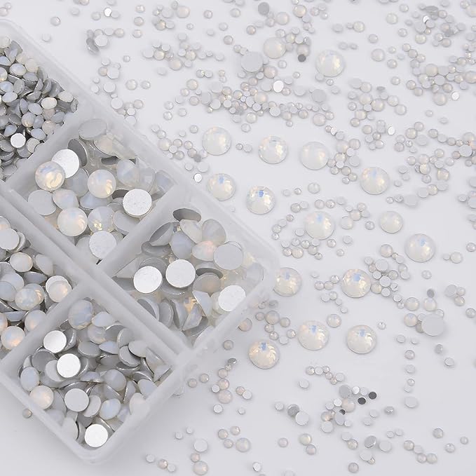 NCB 8000pcs Non Hotfix Rhinestones 10 Sizes Flatback Crystal Glass Rhinestones with Tweezers and Picking Pen for Nail Art Clothes Bags Phone Decorations Crafts DIY (026 White Opal Mix SS3-SS30)