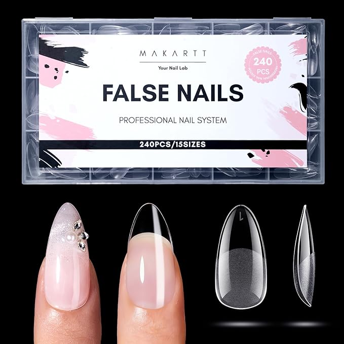 Makartt Medium Almond Nail Tips: 240PCS, 15 Sizes, Half Matte, Clear Fake Nails Stiletto Shapes - Full Cover Soft Acrylic Press On Nail Extensions for Flat Natural Nail Beds Salon and Home DIY