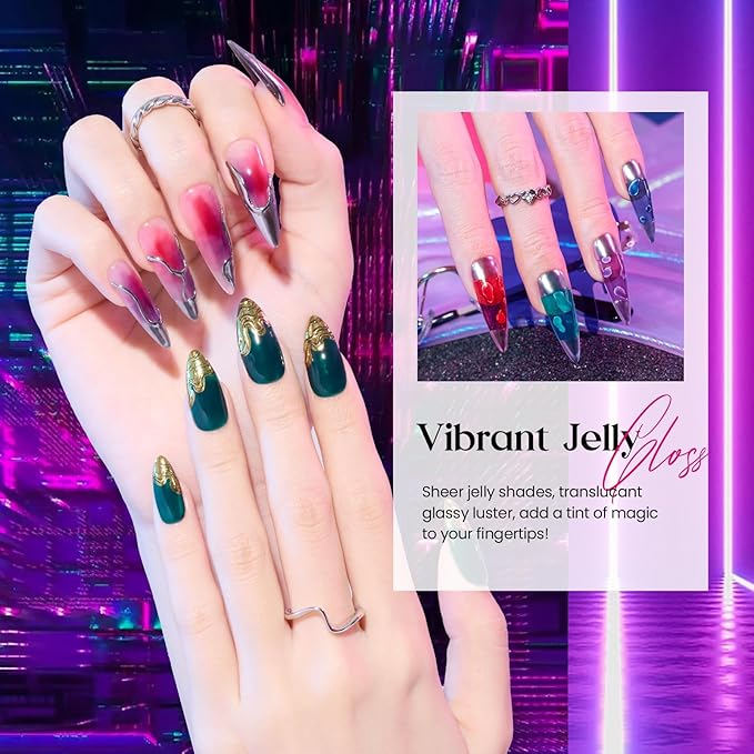 Beetles Jelly Gel Nail Polish Set - Jelly Magic Gel Polish, 6 Colors Jelly Gel Polish Kit Pink Red Black Blue Green Purple Sheer Translucent Effect Soak Off UV Manicure DIY Gift for Women