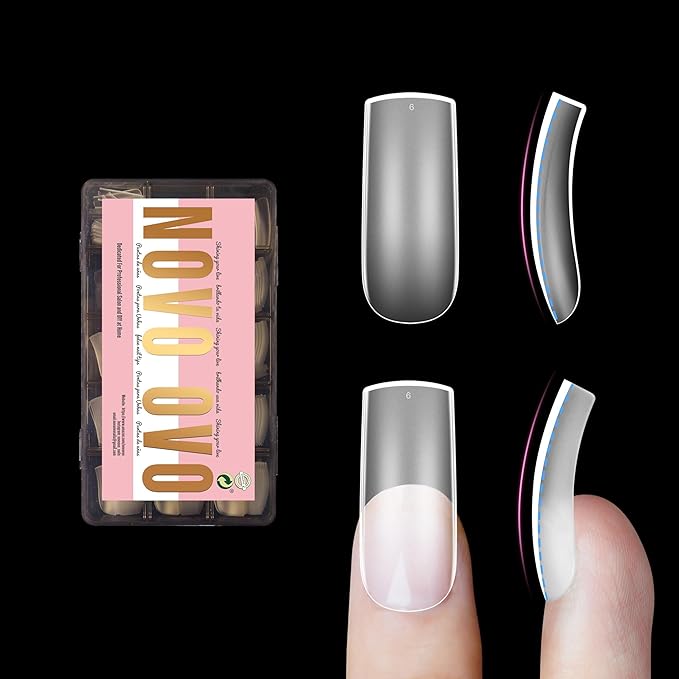 NOVO OVO Halloween Medium Slightly Curved Nail Tips Press on Full Cover, Thick Square Eagle Claw Hawk Curve Gel x Acrylic Fake Nails Extension kit, Clear Pre-etched French False Nail x 15 Sizes 240pcs