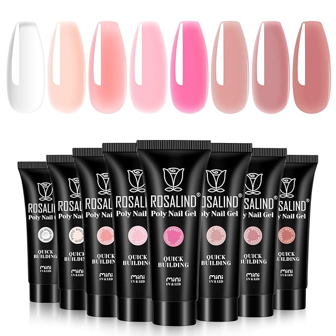 ROSALIND Poly Nail Gel Set, 8 Colors 10g Clear Pretty Poly Extension Gel Nail Set, Nude Pink Poly Nail Gel Set Builder Pink Gel Extension Kit for Nail Art Design Easy DIY Gift for Women