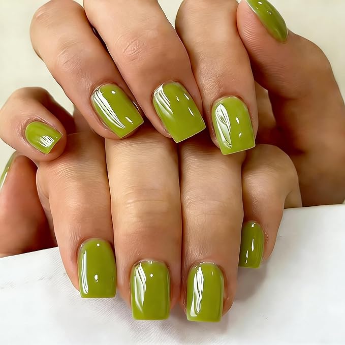 Chrome Moss Green Press on Nails Short Square, Glazed Short Fake Nails with Sparkle Mirror Design, Shiny Glitter Glue on Nails with Glue, Cute Gel Nail Press ons for Fingernail 30 Pcs