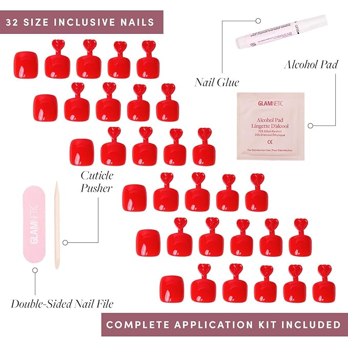 Glamnetic Press On Toenails - Fiery Red | Solid Opaque Red Fake Toe Nails with a Glossy Finish | 16 Sizes - 32 Toe Nail Kit with Glue