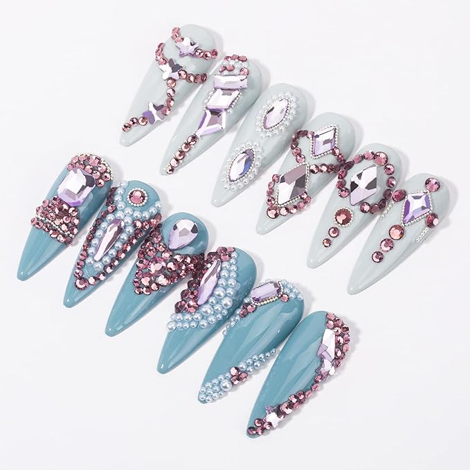Nail Rhinestones Kit 9080PCS Flatback Rhinestones for Nail Crystals Decoration Nail Hearts Multi Shapes Mix Size and Metal Beads Pearl Gold Silver with glue gel and Pen brush tweezers(Light Purple)
