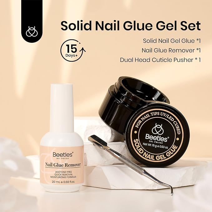 Beetles Solid Nail Glue Gel with 20ml Nail Glue Remover Set 15g for Press On Nails Acrylic Nails Tips U V Light Cured & Solid Glue Remover- Not for Uv Gel Glue