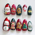 30Pcs Christmas Press on Nails Medium Almond French Tip Fake Nails with Cute Snowman Santa Claus Gingerbread Man Design Xmas Trees Gift Ball False Nails Full Cover Artificial Stick on Nail for Women