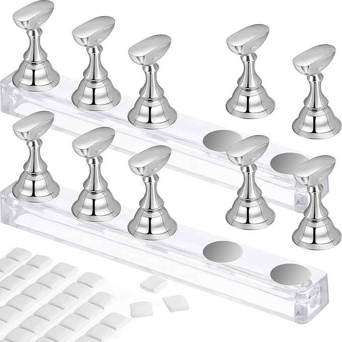 Blulu 2 Set Nail Stand for Painting Press Nail Holder Acrylic Magnetic Tips Training Fingernail Display Stands DIY Crystal Holders and 96 Pieces White Reusable Adhesive Putty(Silver)