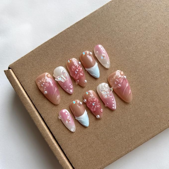 Press On Nails Medium Almond Nails, Handmade 3D Design Fake Nails with Thick Acrylic Multi-Layer Gel Nails, Reusable Durable DIY Artificial Nails for Women (10 Pieces)