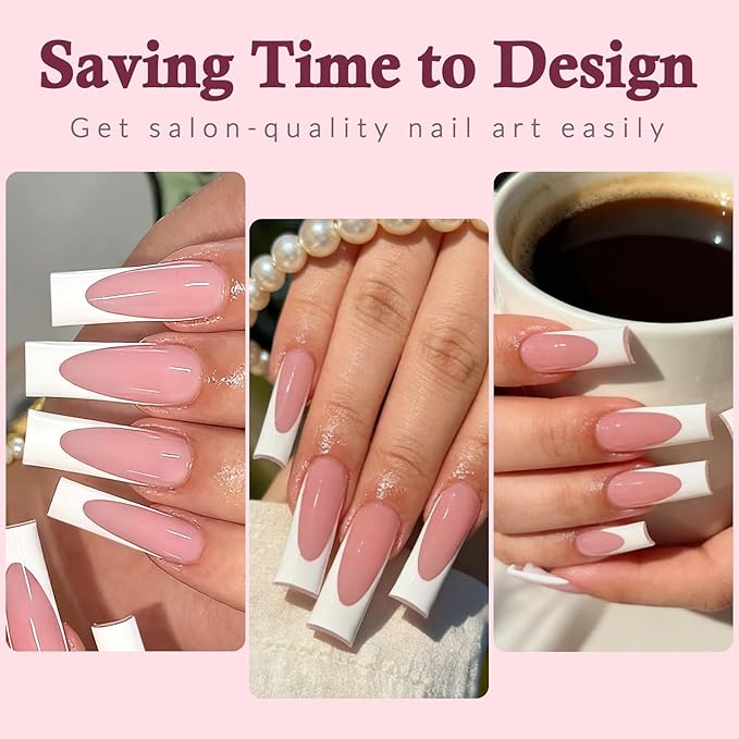 120PC White French Tip Press on Nails Long Fake Nails Press ons with 5*Adhesive Tabs, Pink Square Acrylic Nail Press on Nail French Tip Nails False Artificial Fingernails Stick on Nails-B
