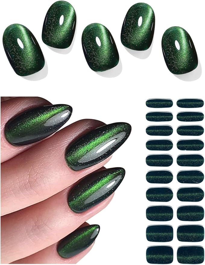 Semi Cured Gel Nail Strips (Deep Green Cat Eye), 20 Pcs Gel Nail Wraps, Stickers, UV Light Required, Salon Quality