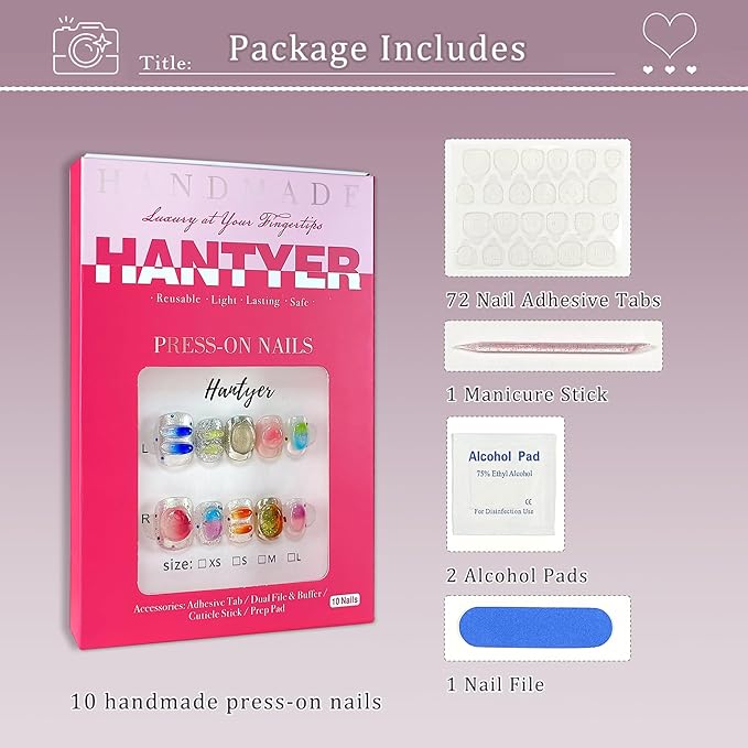 Press on Nails, Short Round Fake Nails in Dopamine Colors, 3D Candy Decor & Icy Translucent Glitter, 10 Pcs Handmade Nails Sweet Style for Daily Commute, Party & Holiday Events(Size XS)