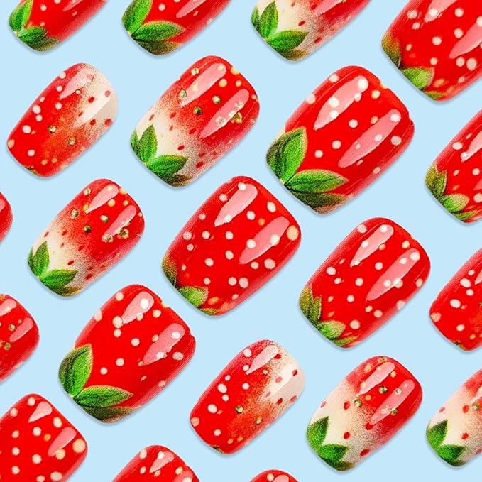 French Tip Press on Nails Short Square Fake Nails with Designs Strawberry Glue on Nails Rhinestone Acrylic Nails Summer Fruit False Nails Glossy Full Cover Stick on Nails for Women