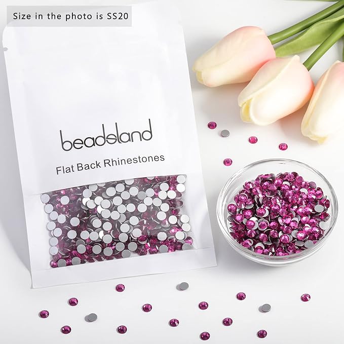 Beadsland 576pcs Flat Back Crystal Rhinestones Round Gems for Nail Art and Craft Glue Fix, Fuchsia, SS30,6.3-6.5mm