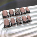10 Pcs Handmade Press on Nails Medium Duck Fake Nails French Tip Full Cover Nude Pink Nails Press Ons Artificial Acrylic Black Rhinestone and Butterfly Design Stick on Nail for Women(Size S)